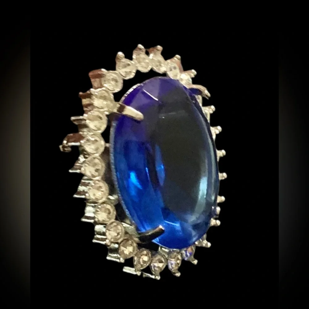 Blue Faceted Glass Pendant or Brooch Combo Silver Tone with Rhinestones - Picture 5 of 12